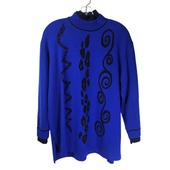 St. John Cobalt Blue Embellished Tunic Sweater L Sequins High Neck Formal Party - Picture 1 of 14
